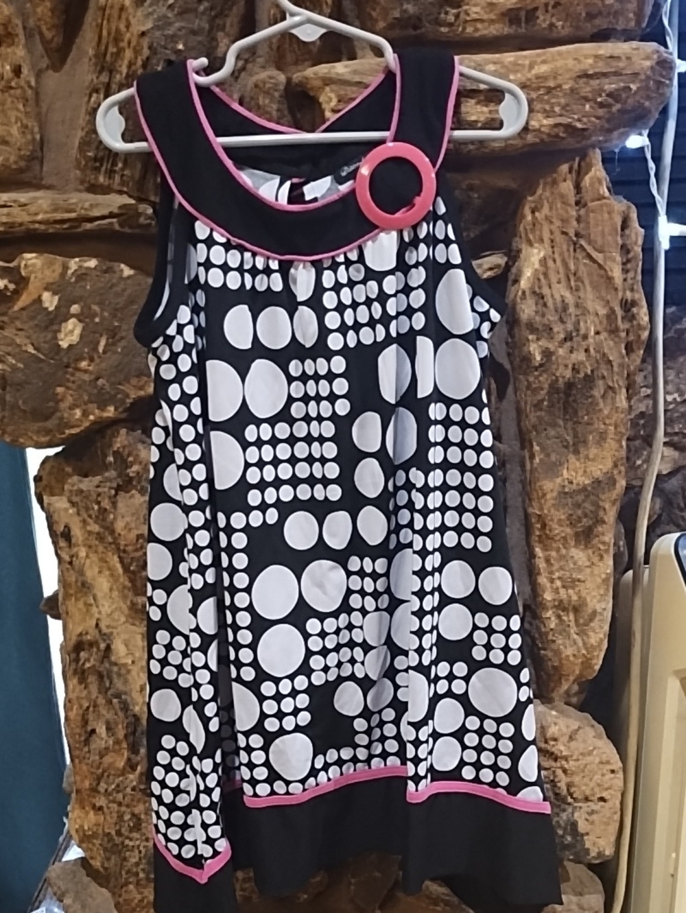 Girls Black & White Polka Dot Dress with Pink Trim